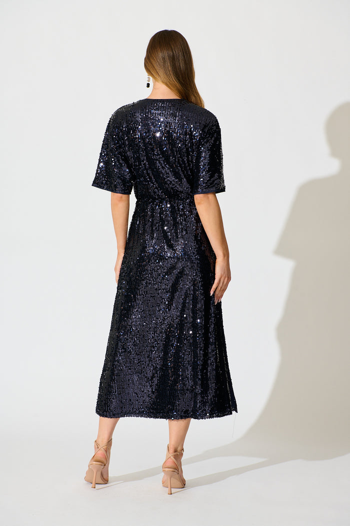 Moonbeam Maxi Dress in Navy Sequin back