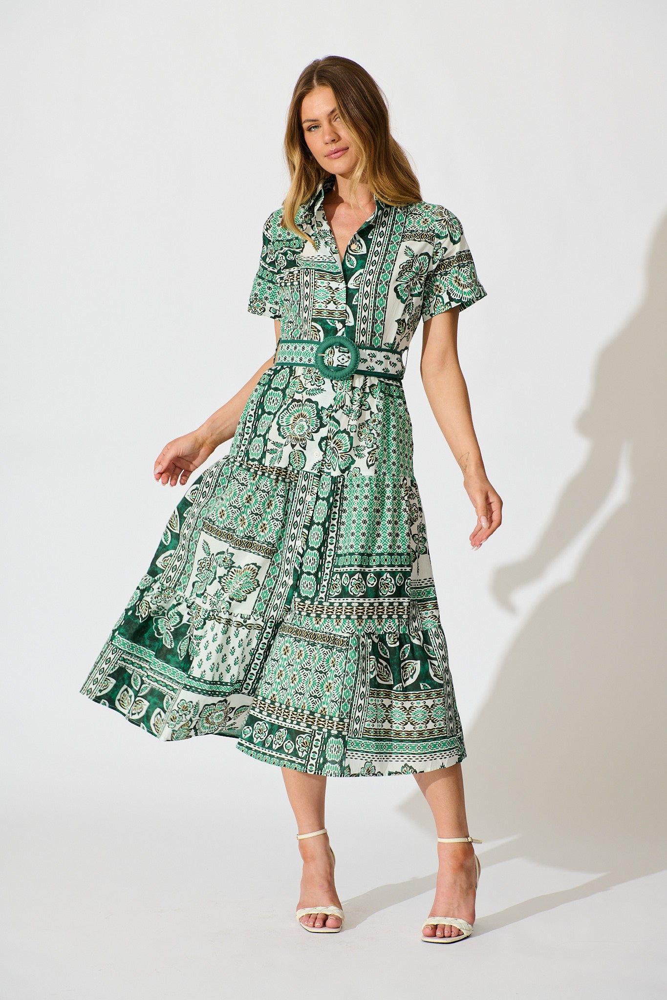 Sable Maxi Shirt Dress in Green with White Patchwork Cotton full length