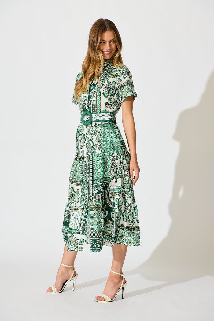 Sable Maxi Shirt Dress in Green with White Patchwork Cotton side