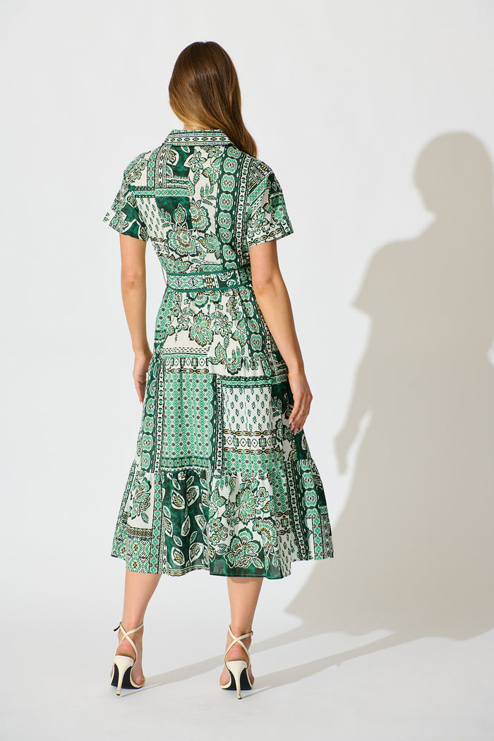Sable Maxi Shirt Dress in Green with White Patchwork Cotton back