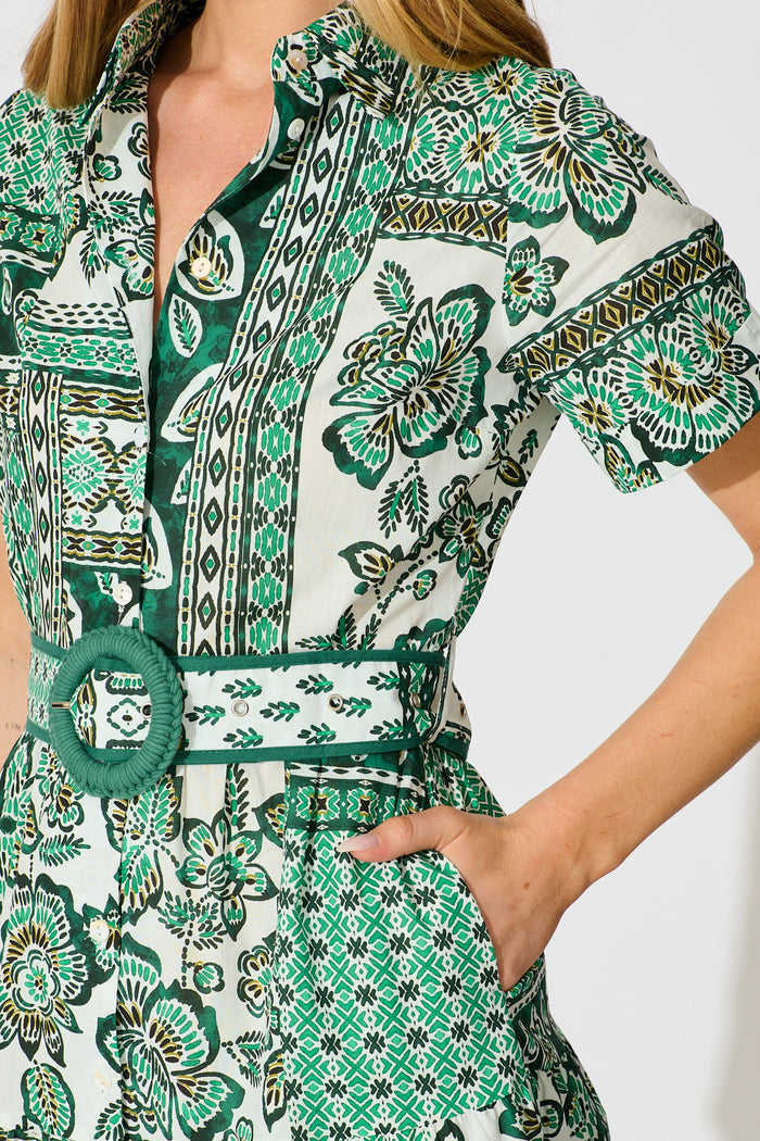 Sable Maxi Shirt Dress in Green with White Patchwork Cotton detail
