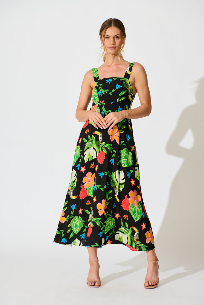 Alizee Maxi Sundress in Multi Parrot Print full length