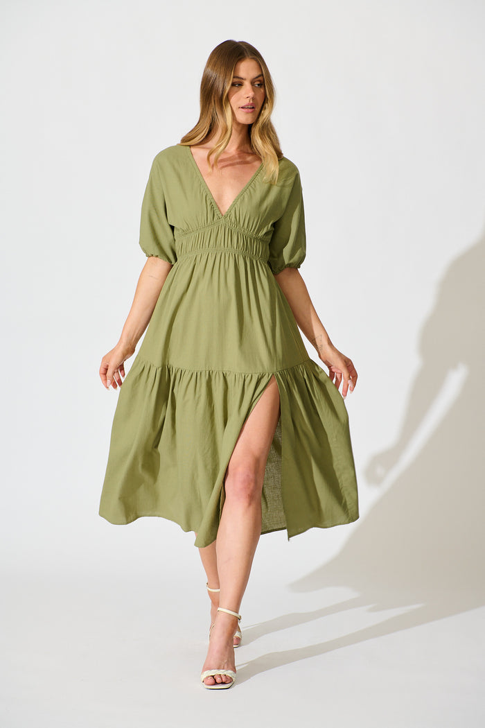 Cobana Midi Dress in Sage Cotton Linen full length