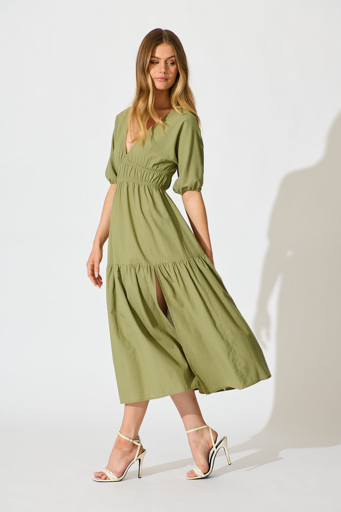 Cobana Midi Dress in Sage Cotton Linen side