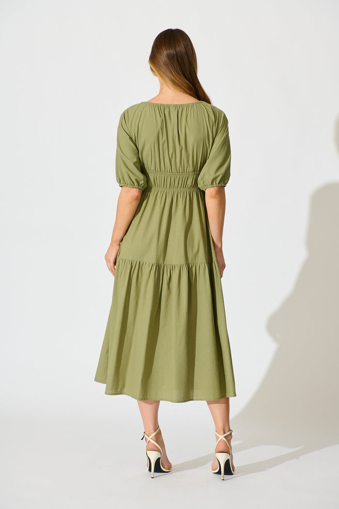 Cobana Midi Dress in Sage Cotton Linen back