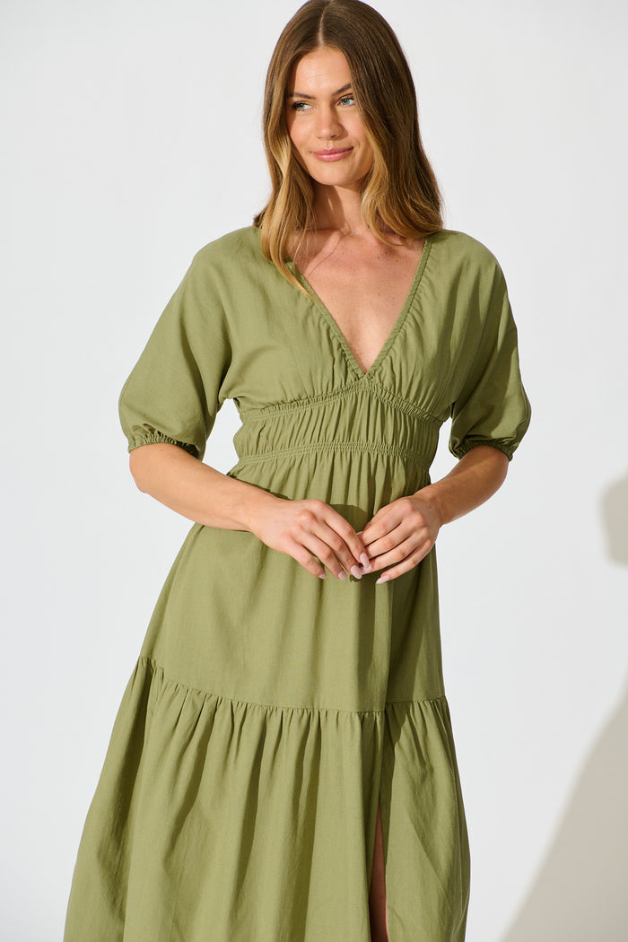 Cobana Midi Dress in Sage Cotton Linen front