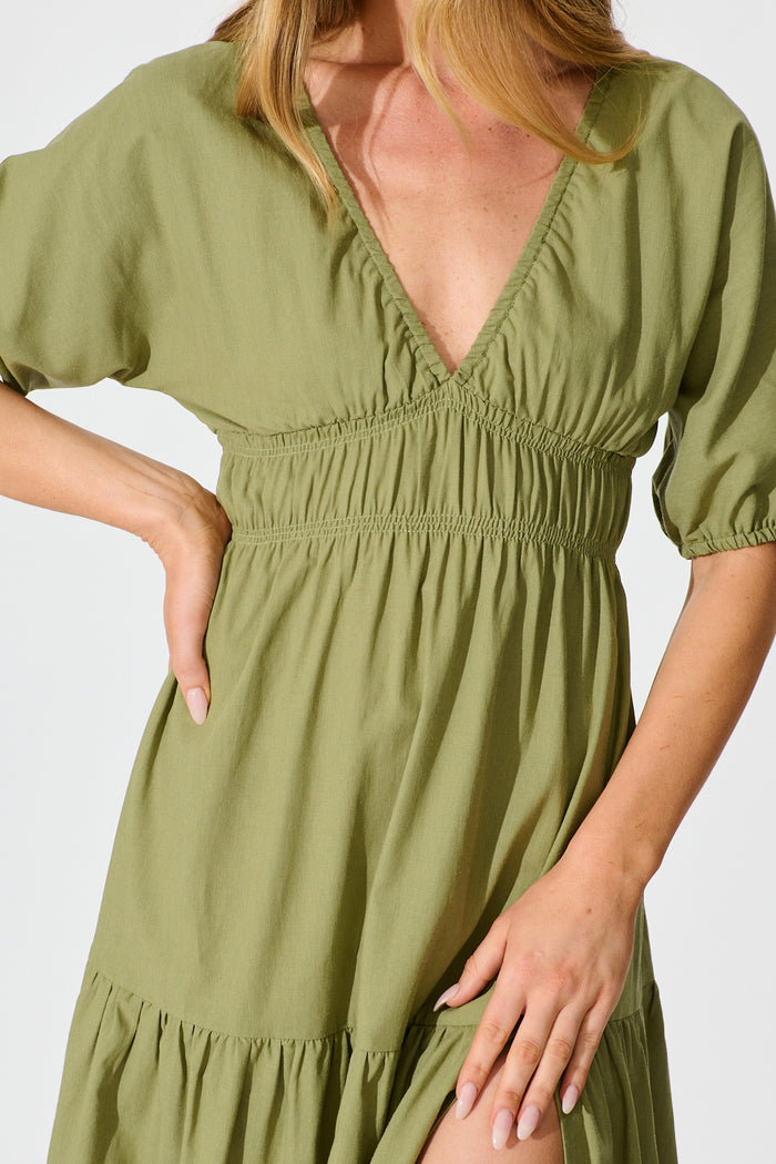 Cobana Midi Dress in Sage Cotton Linen detail