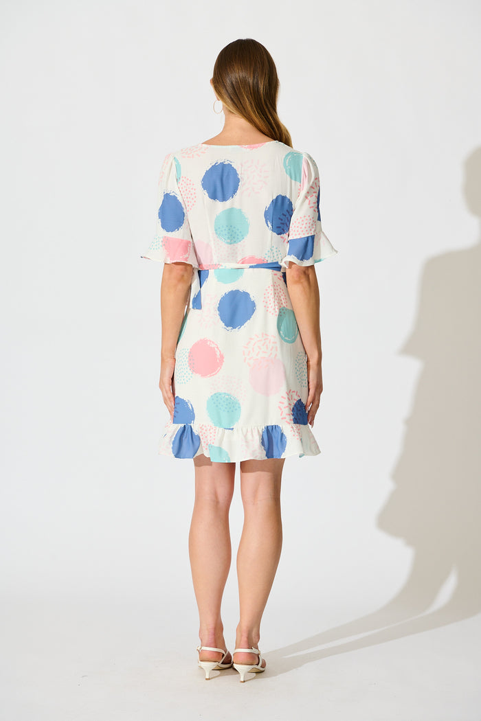 Ariane Wrap Dress In White with Multi Spot Print back