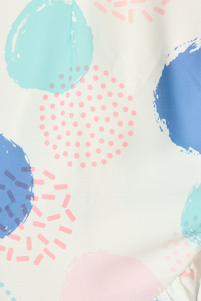Ariane Wrap Dress In White with Multi Spot Print fabric