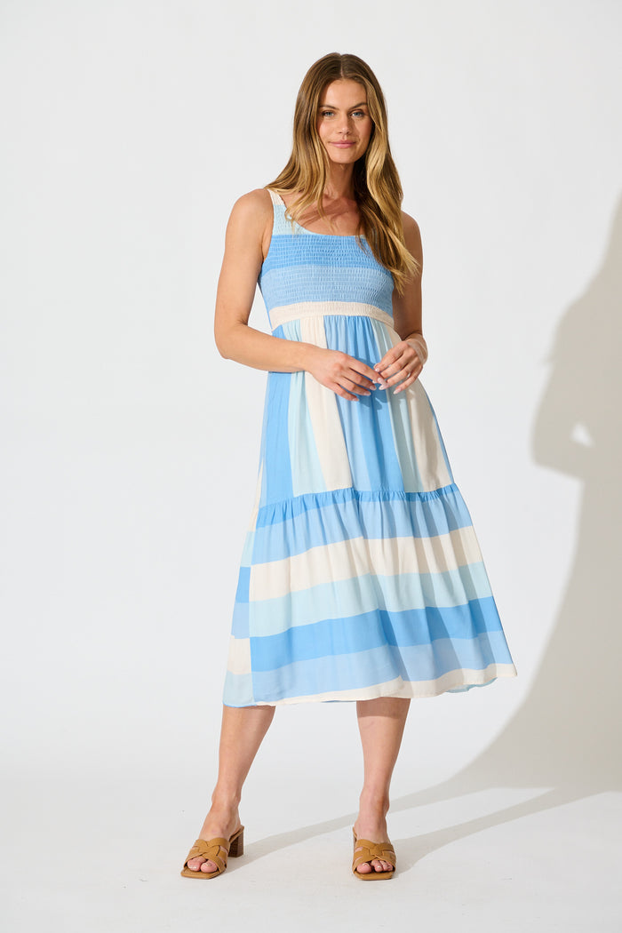 Caribbean Midi Dress In Blue with Cream Linen Blend full length