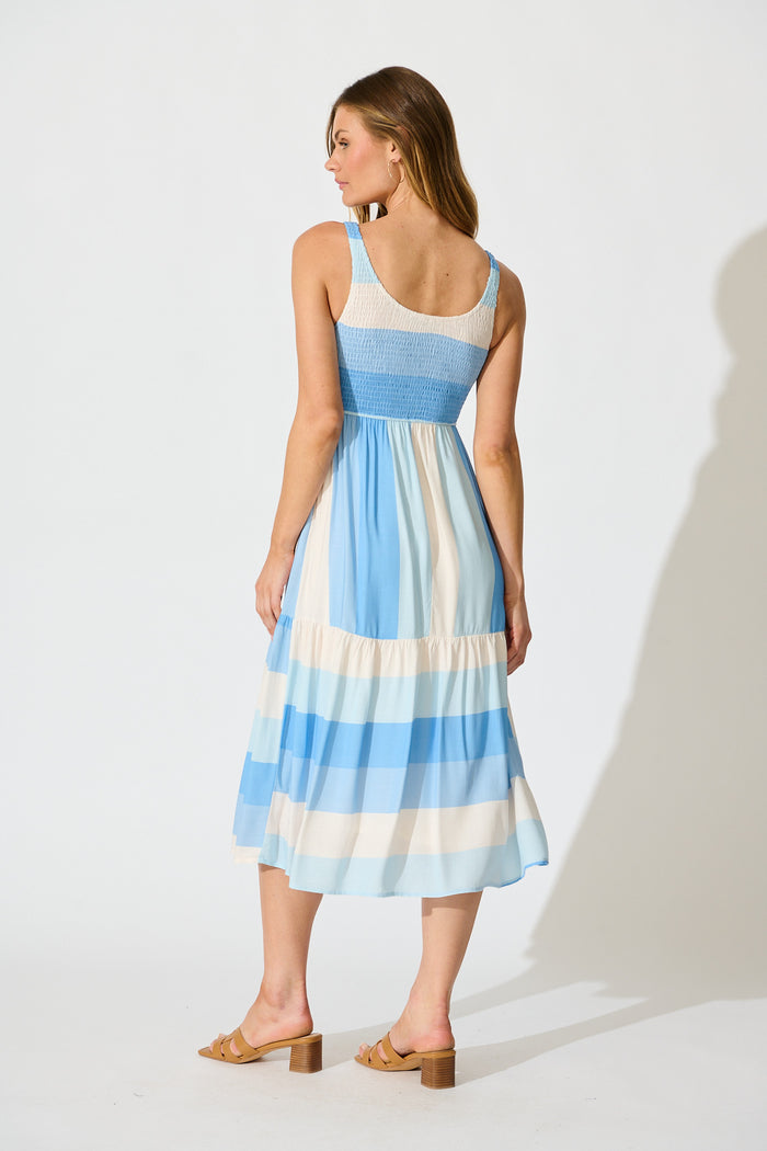 Caribbean Midi Dress In Blue with Cream Linen Blend back