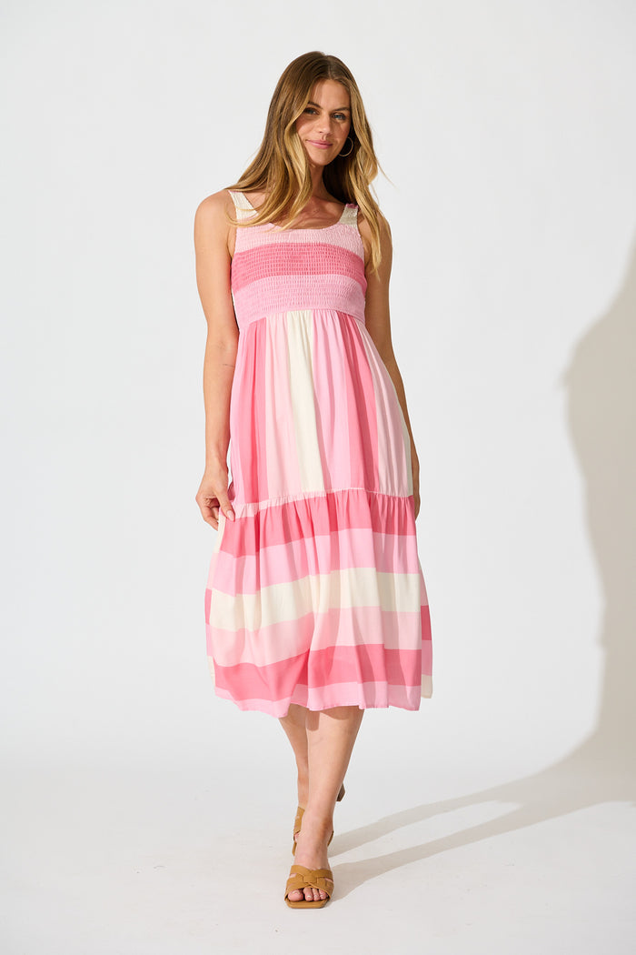Caribbean Midi Dress in Pink with Cream Linen Blend full length