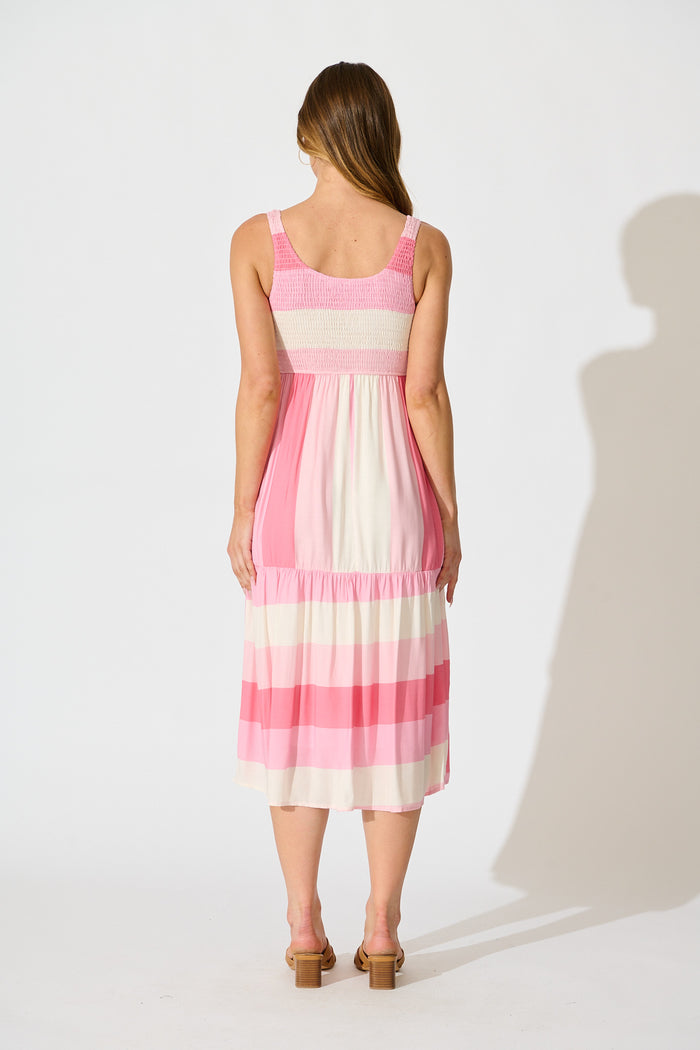 Caribbean Midi Dress in Pink with Cream Linen Blend back