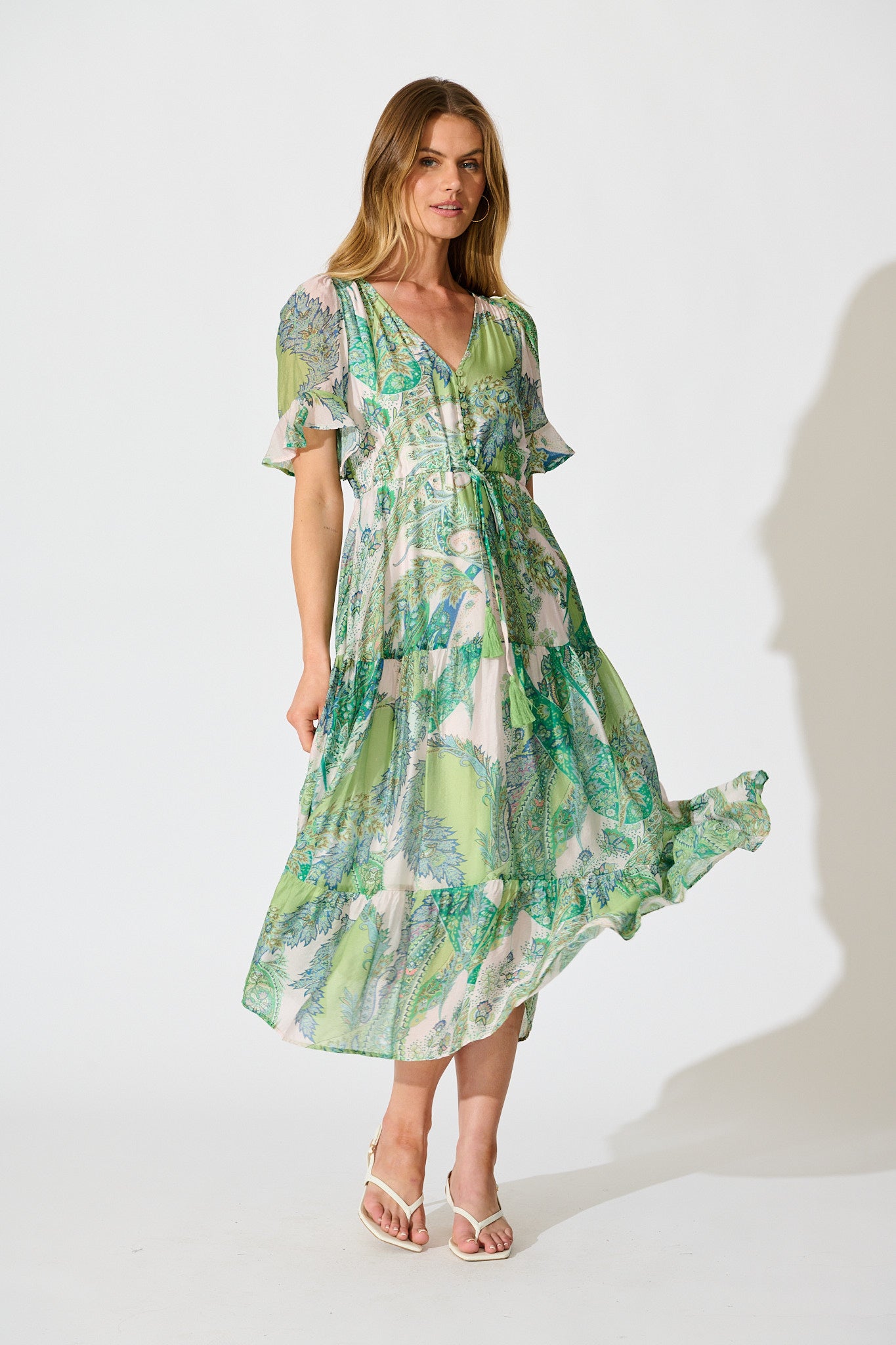 Flamenco Rose Midi Dress in Green Multi Print full length