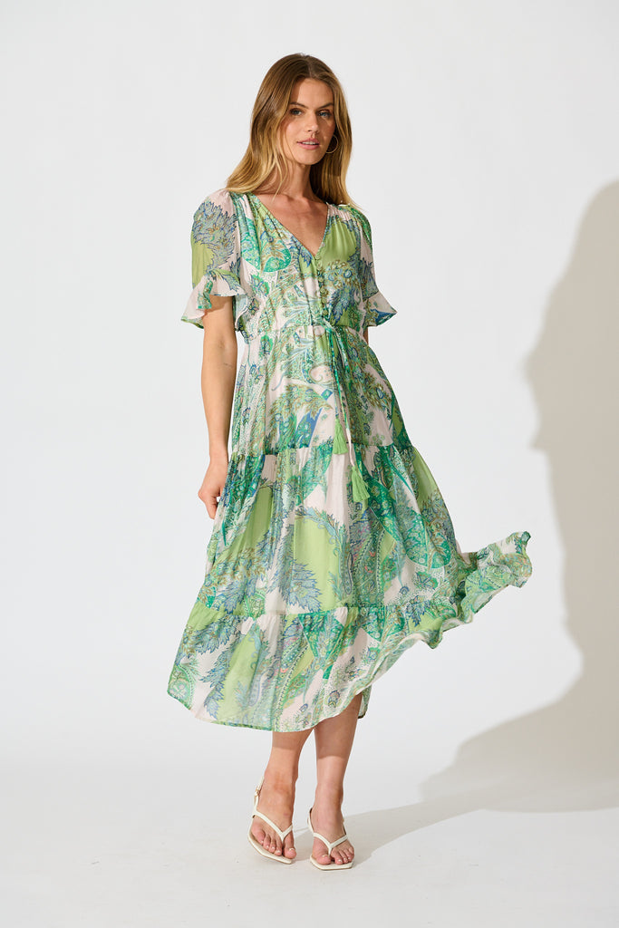 Flamenco Rose Midi Dress in Green Multi Print full length