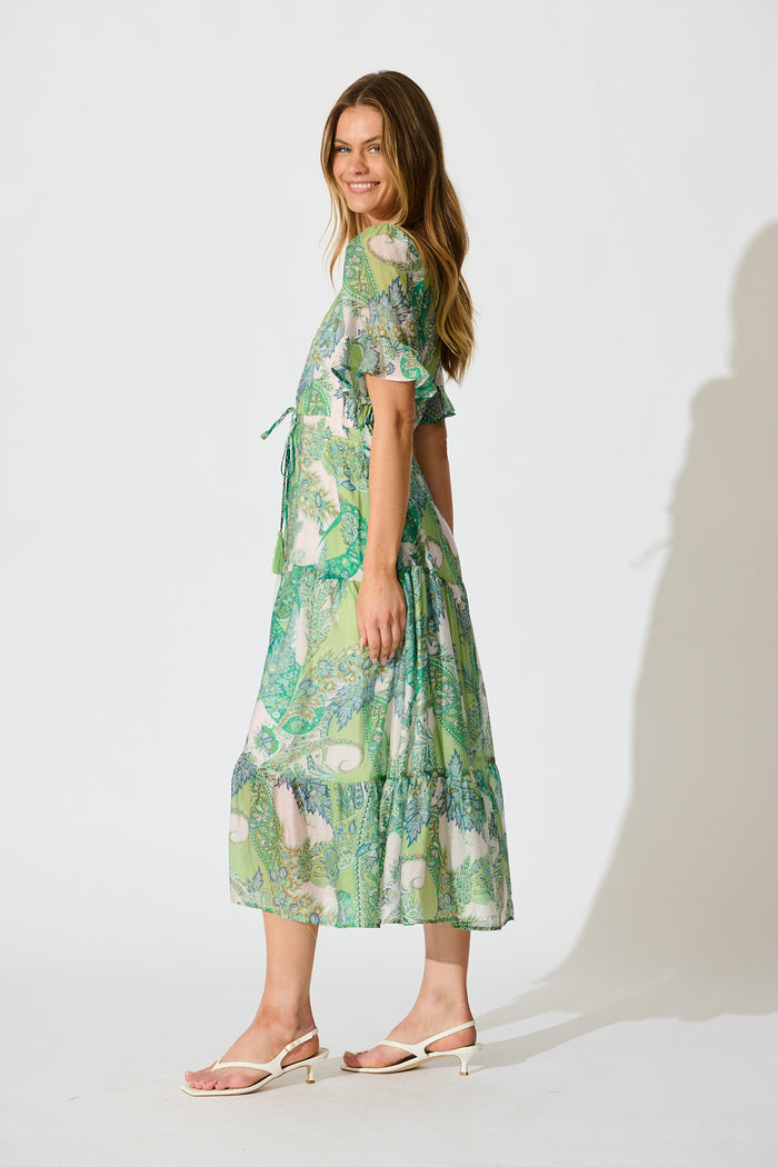 Flamenco Rose Midi Dress in Green Multi Print side