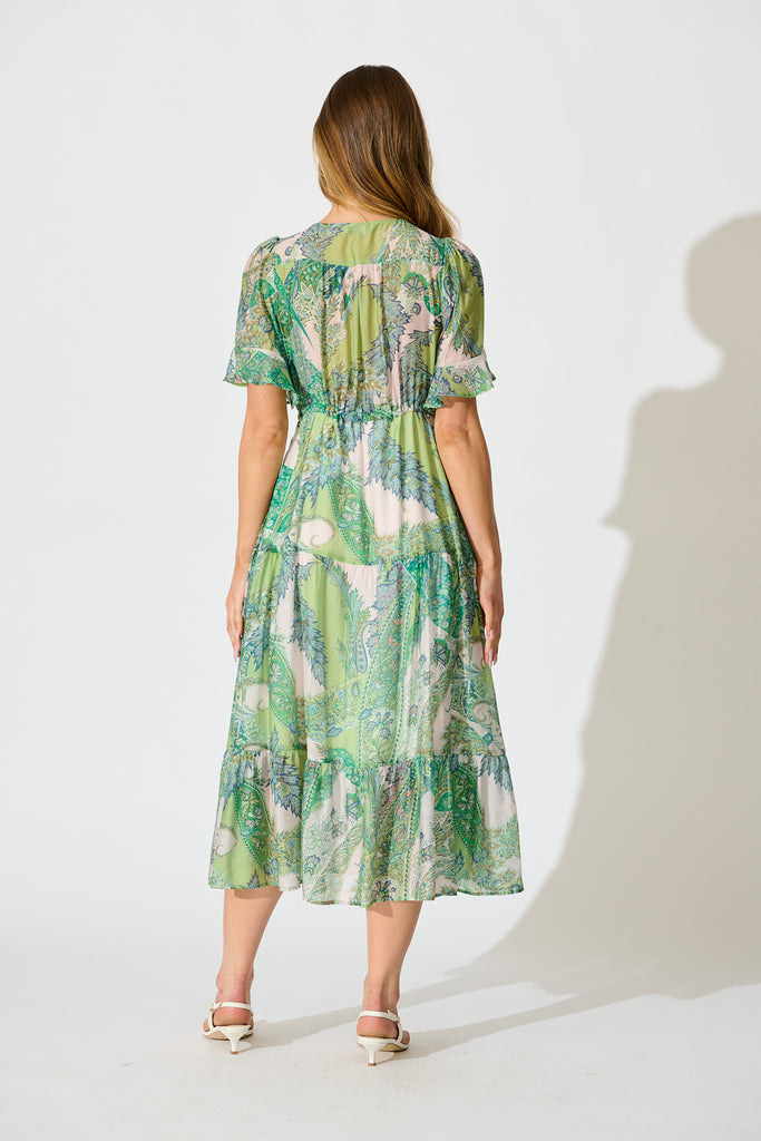 Flamenco Rose Midi Dress in Green Multi Print back