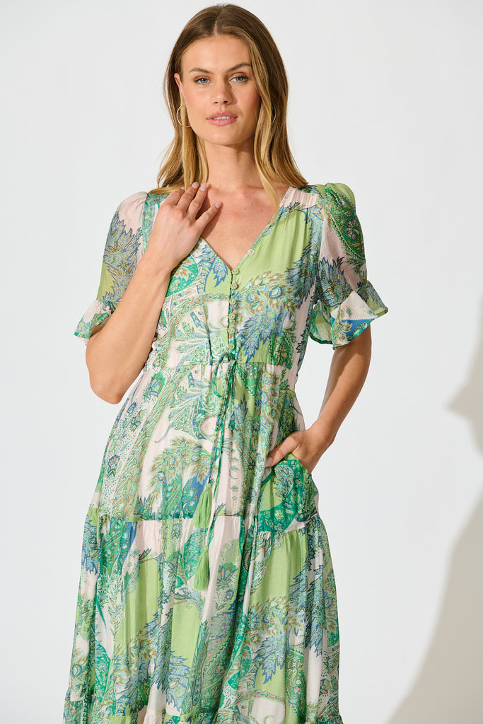 Flamenco Rose Midi Dress in Green Multi Print front