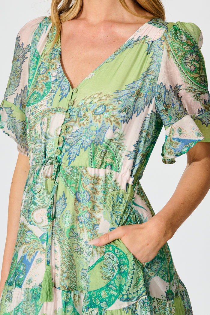 Flamenco Rose Midi Dress in Green Multi Print detail