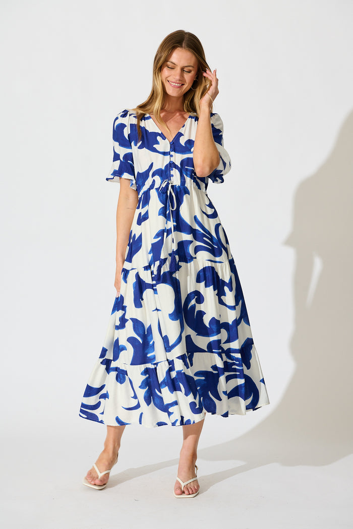 Effia Midi Dress in Blue and White Leaf Print full length