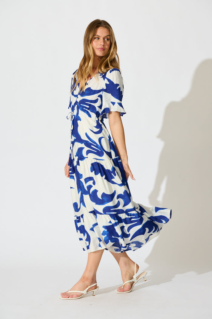 Effia Midi Dress in Blue and White Leaf Print side