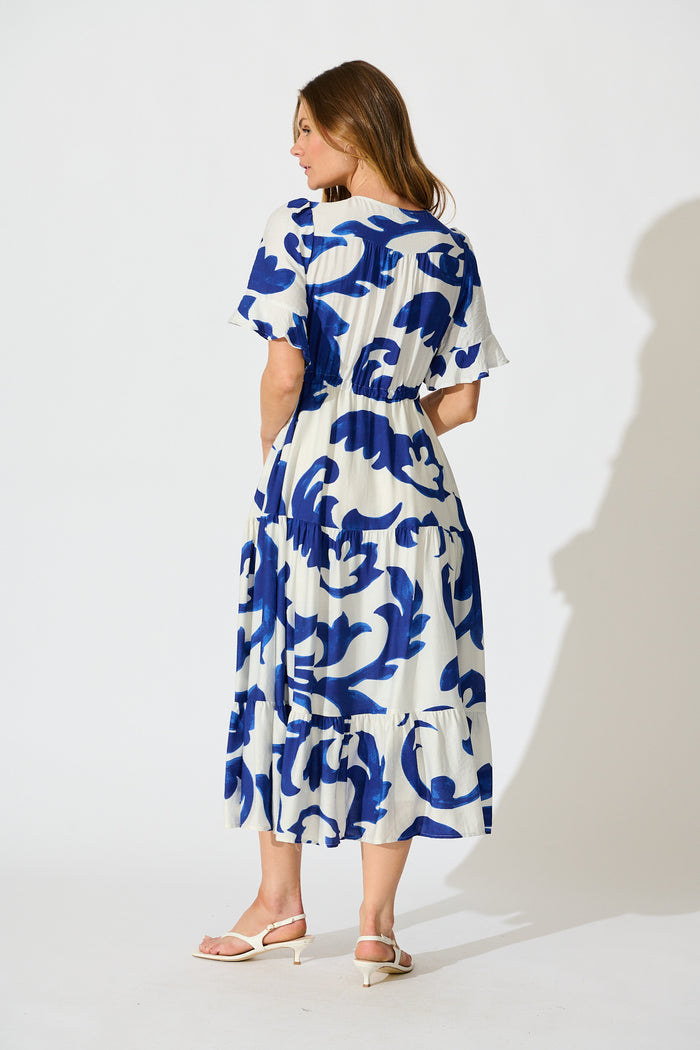 Effia Midi Dress in Blue and White Leaf Print back