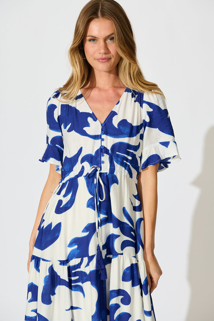 Effia Midi Dress in Blue and White Leaf Print front