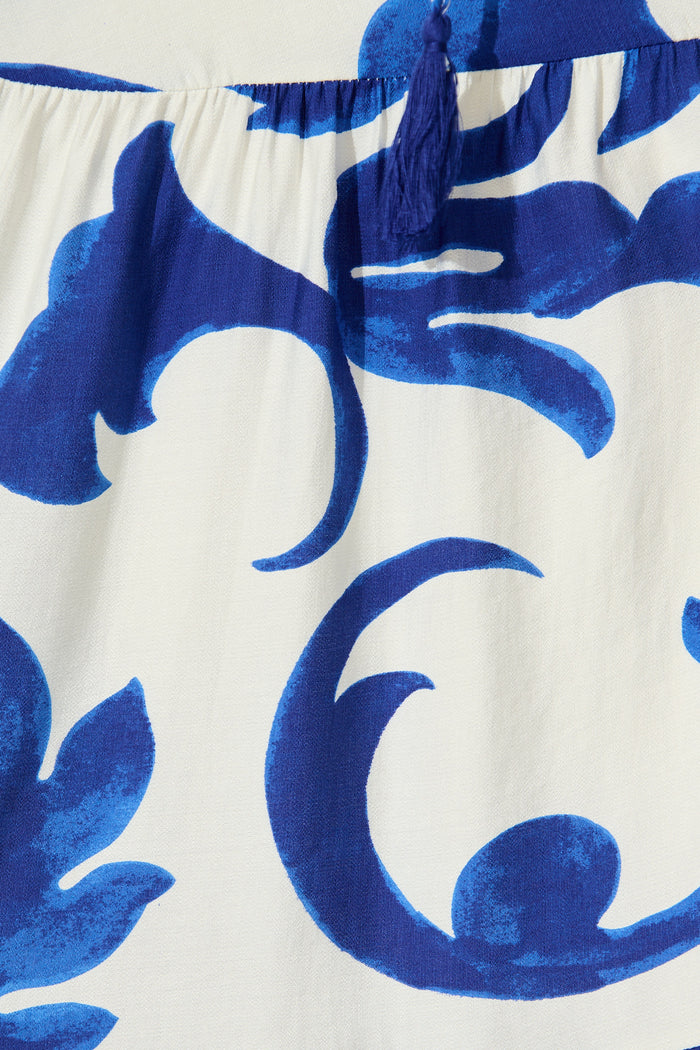 Effia Midi Dress in Blue and White Leaf Print fabric