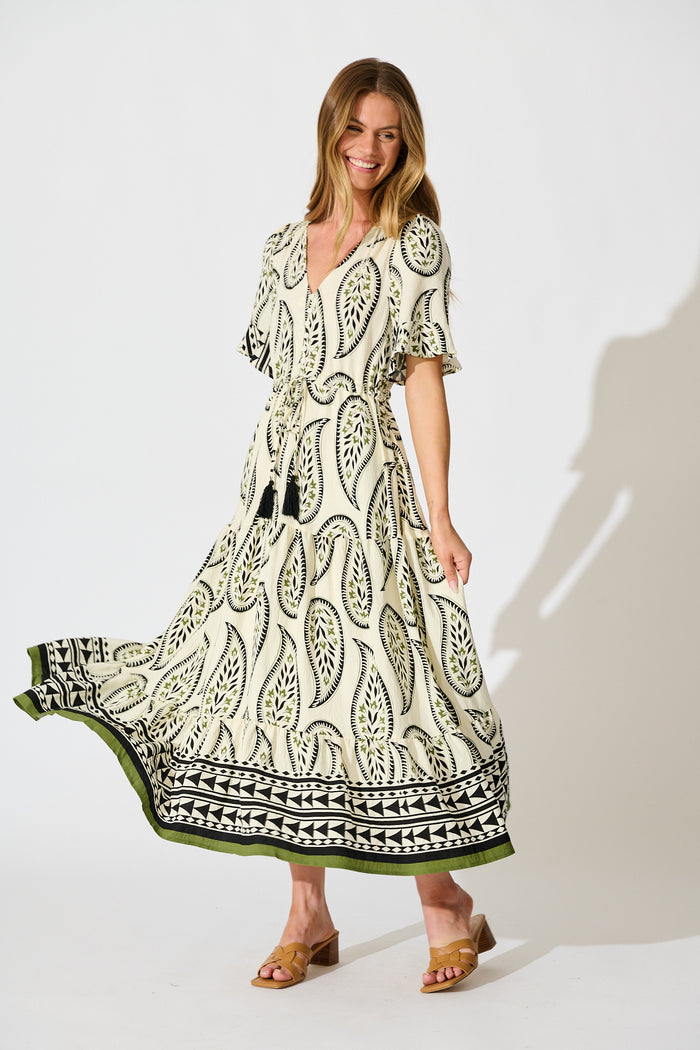 Effia Midi Dress in White with Black Paisley Print full length