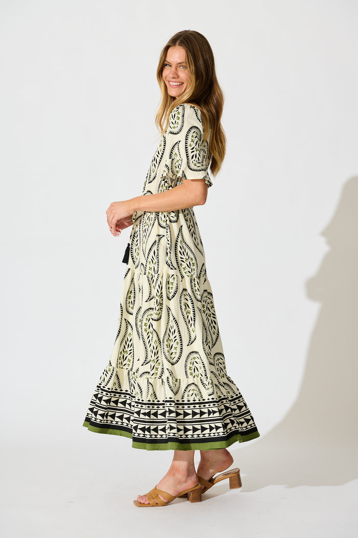 Effia Midi Dress in White with Black Paisley Print side