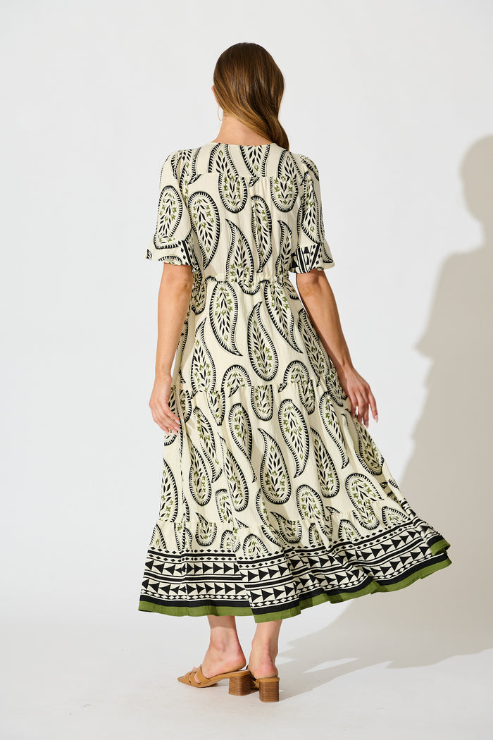 Effia Midi Dress in White with Black Paisley Print back