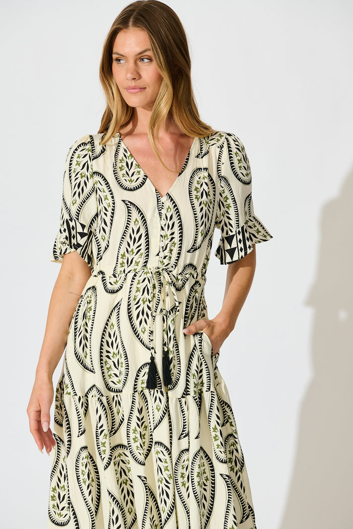Effia Midi Dress in White with Black Paisley Print front