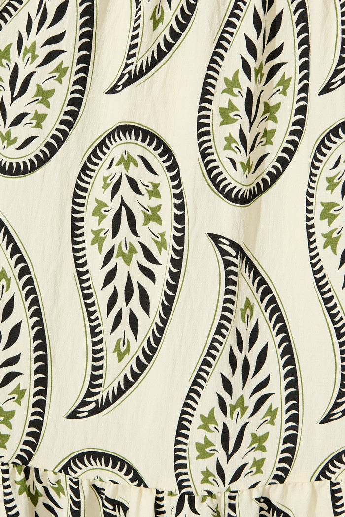 Effia Midi Dress in White with Black Paisley Print fabric