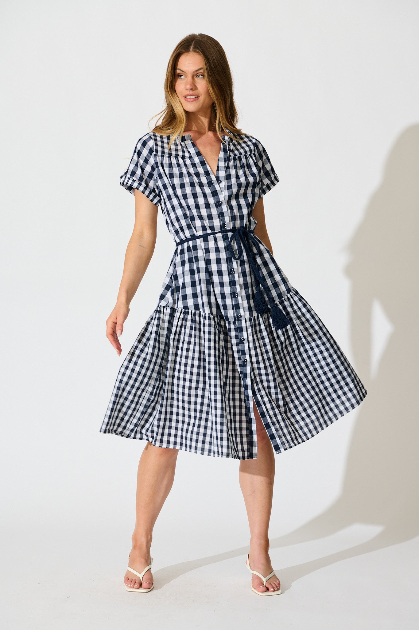 Ivara Midi Smock Dress in Navy Gingham Check Cotton full length