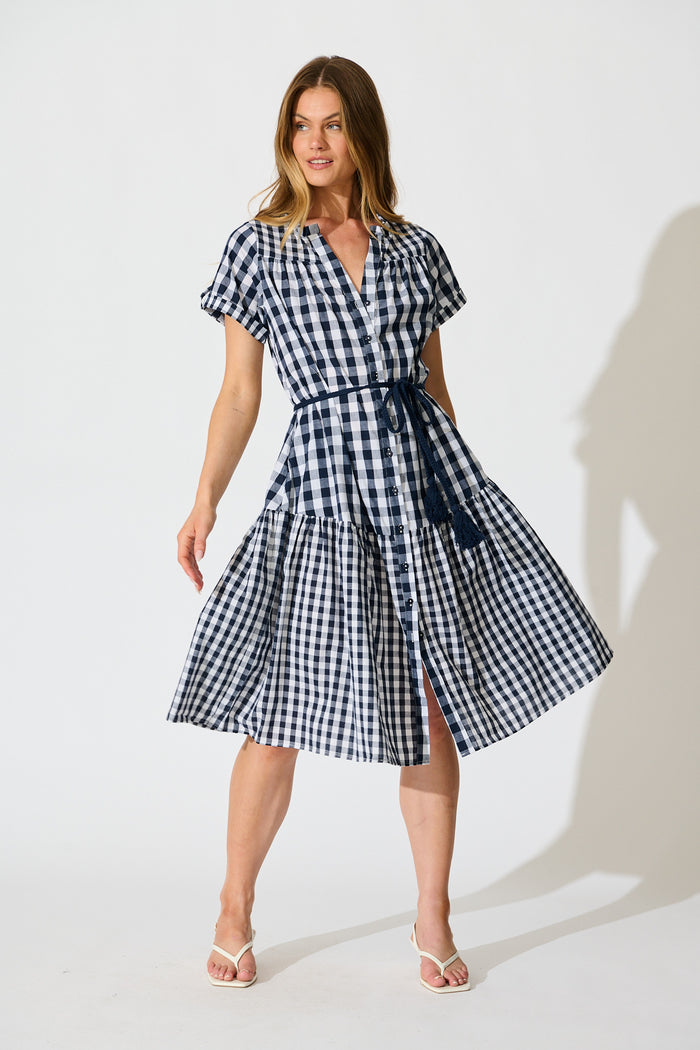 Ivara Midi Smock Dress in Navy Gingham Check Cotton full length