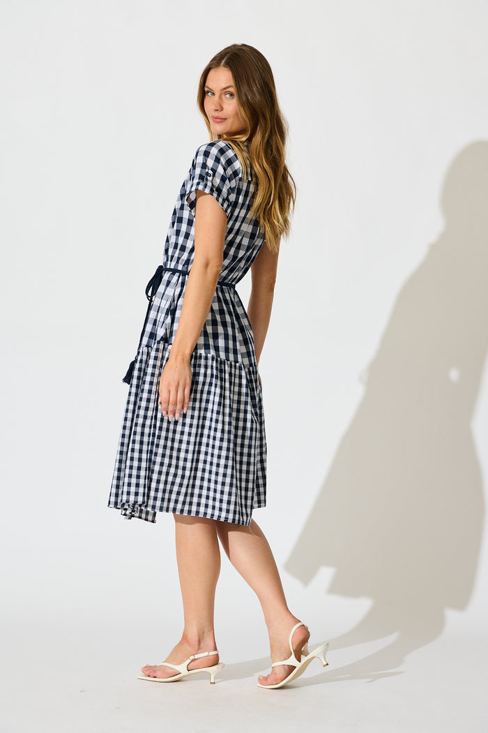 Ivara Midi Smock Dress in Navy Gingham Check Cotton side