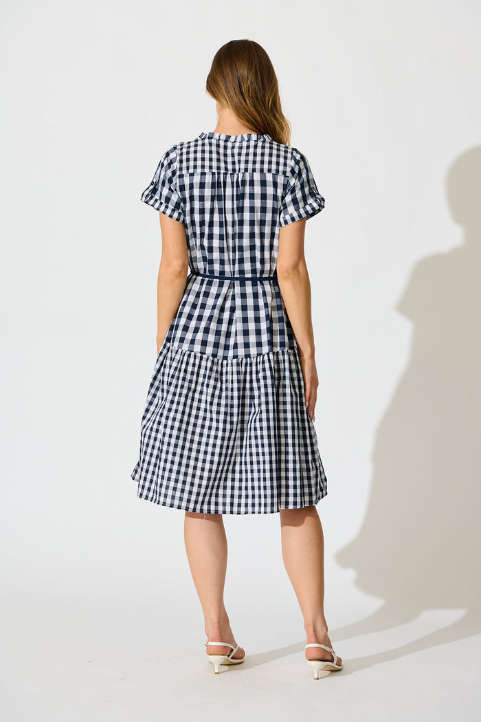 Ivara Midi Smock Dress in Navy Gingham Check Cotton back
