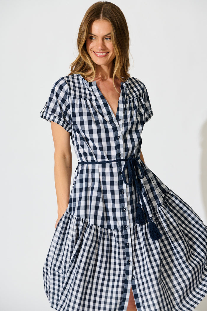 Ivara Midi Smock Dress in Navy Gingham Check Cotton front