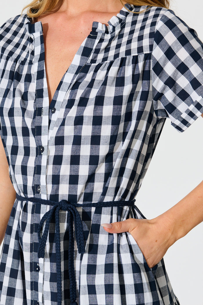 Ivara Midi Smock Dress in Navy Gingham Check Cotton detail