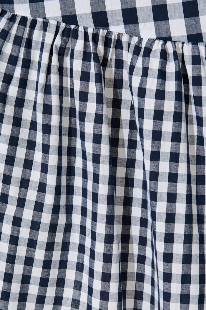 Ivara Midi Smock Dress in Navy Gingham Check Cotton fabric