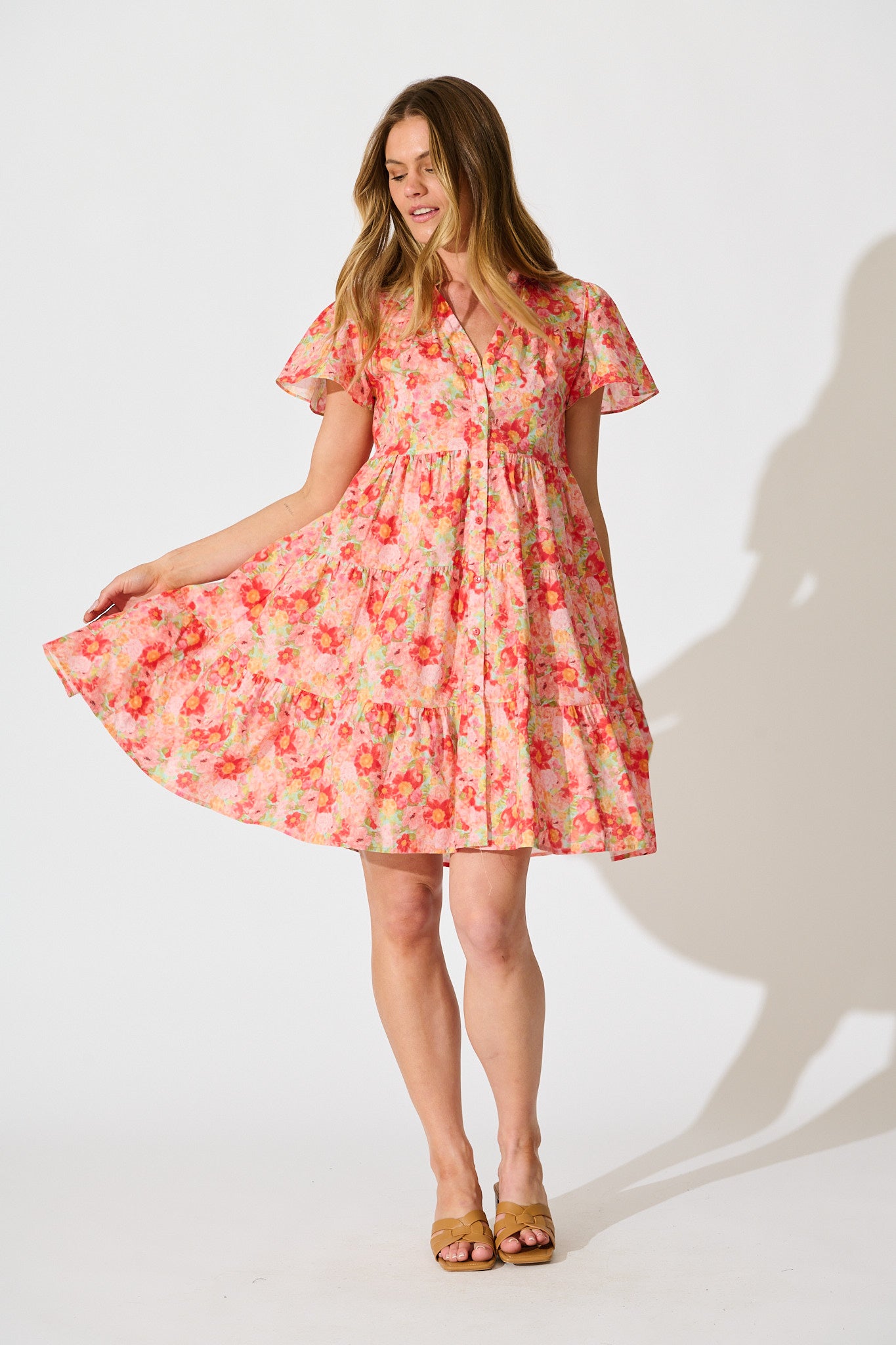 Saldana Smock Dress in Bright Multi Floral Cotton full length