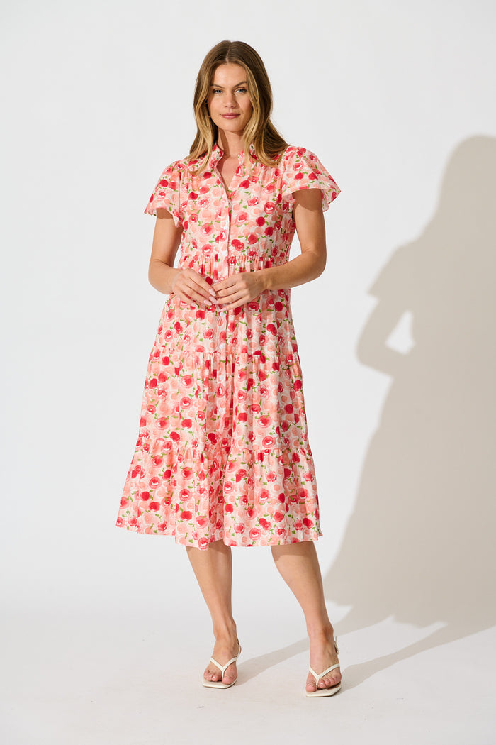 Darya Midi Smock Dress in Bright Multi Floral Cotton full length