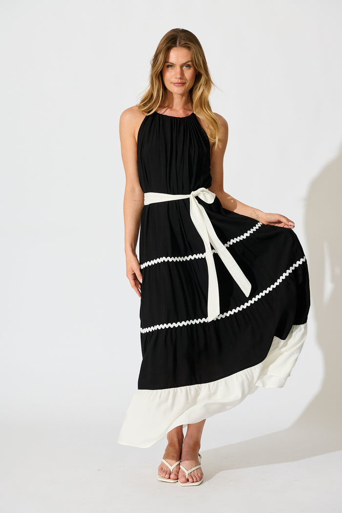 Lachay Maxi Dress in Black with White Ric Rac Trim full length