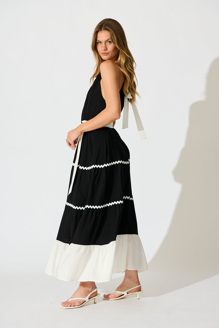 Lachay Maxi Dress in Black with White Ric Rac Trim side