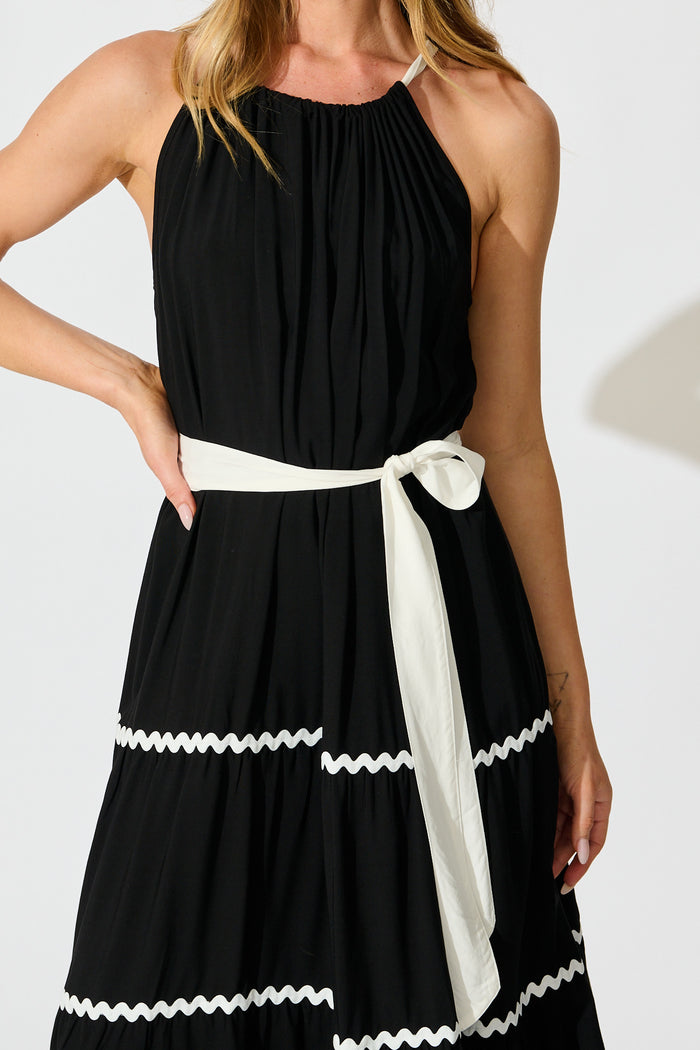 Lachay Maxi Dress in Black with White Ric Rac Trim detail