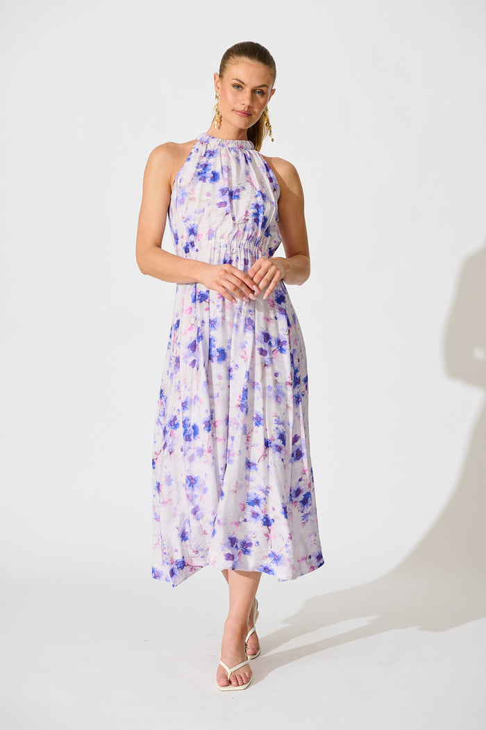 Kendia Halterneck Maxi Dress in Multi Blue Floral full length