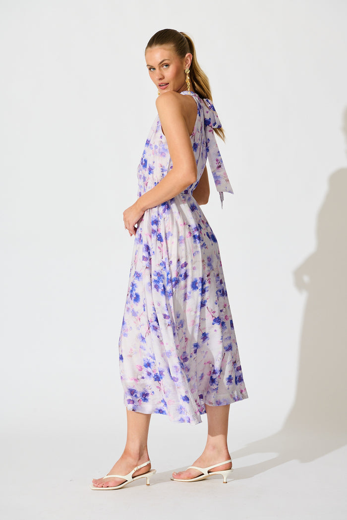 Kendia Halterneck Maxi Dress in Multi Blue Floral side
