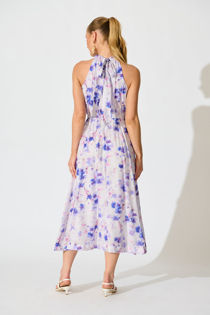 Kendia Halterneck Maxi Dress in Multi Blue Floral back