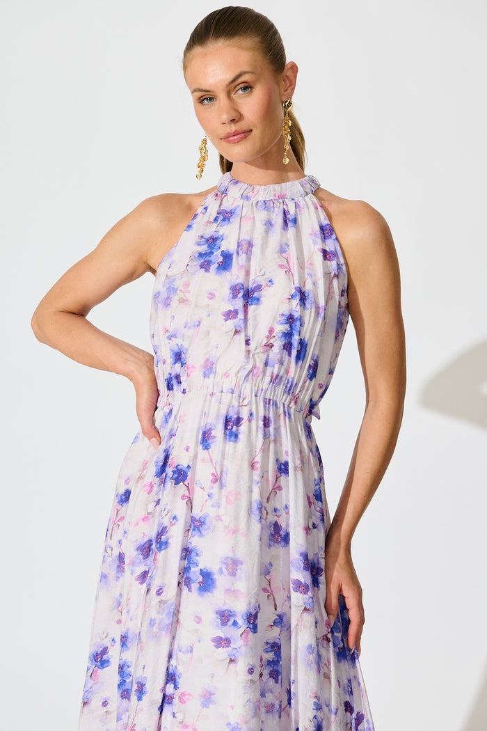 Kendia Halterneck Maxi Dress in Multi Blue Floral front