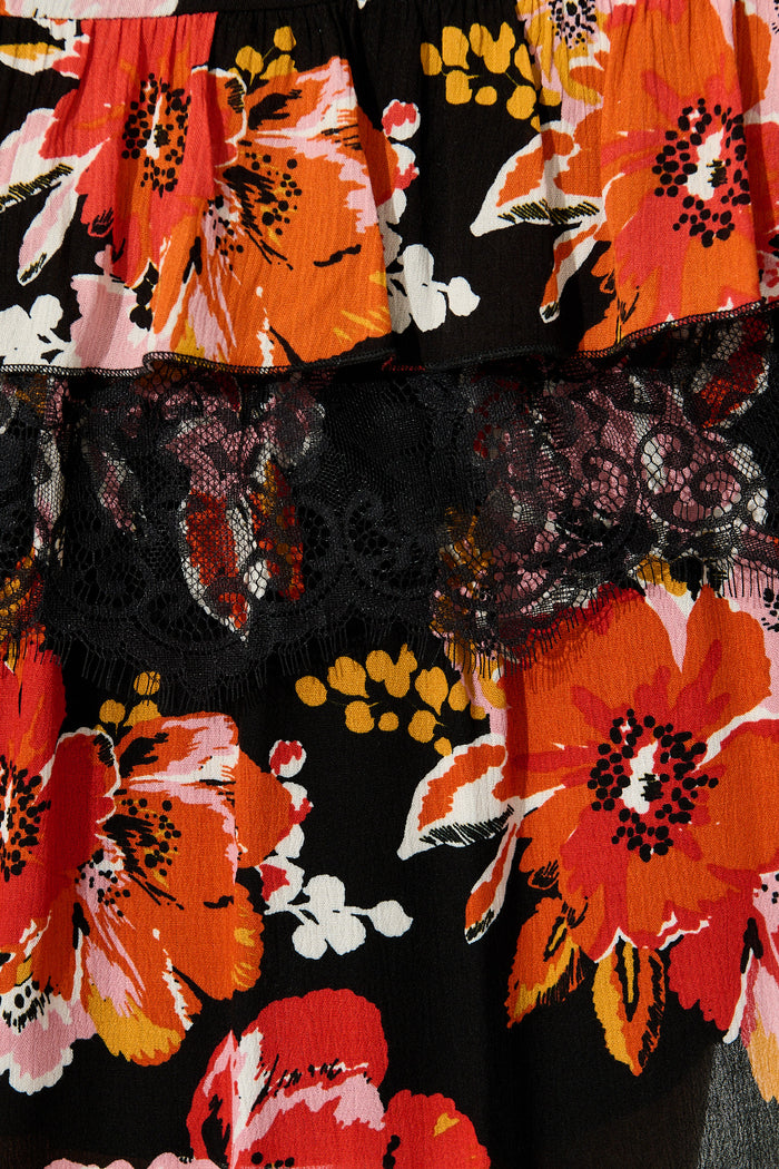 Felcon Dress in Black with Orange Floral with Lace Detail fabric